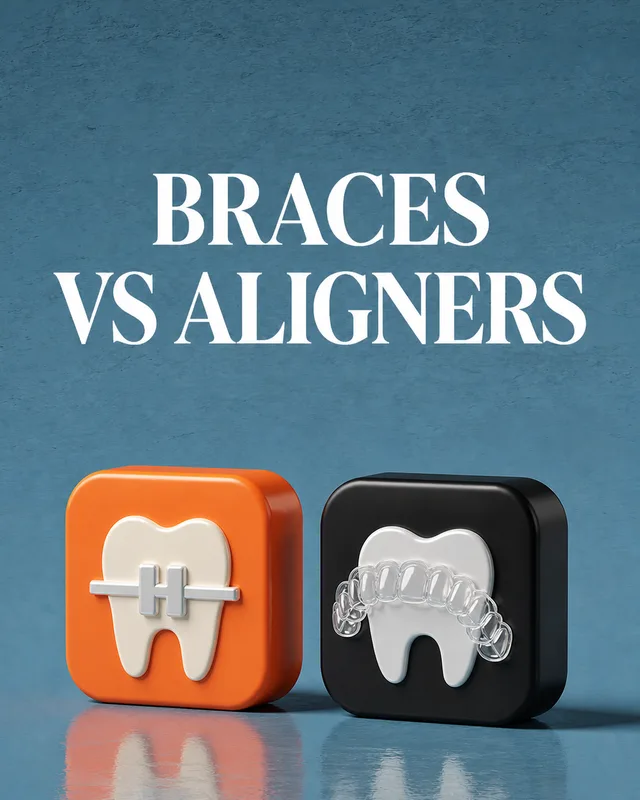 LinkedIn graphic reading “BRACES
VS ALIGNERS” over two 3D app-style icon blocks comparing a tooth with metal braces and a tooth with clear aligners