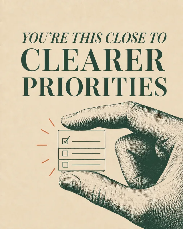 LinkedIn graphic reading “CLEARER
PRIORITIES” over an engraved hand holding a tiny checklist