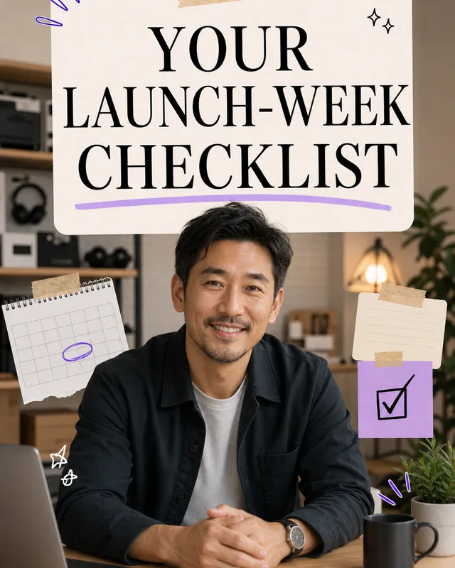 LinkedIn graphic reading “YOUR LAUNCH-WEEK CHECKLIST” over a smiling man sitting at a desk in a modern home office
