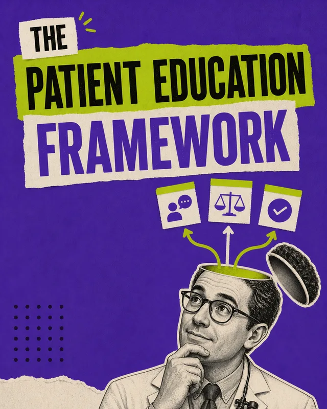 LinkedIn graphic reading “THE PATIENT EDUCATION FRAMEWORK” over a vintage engraved doctor with an open head revealing three idea cards