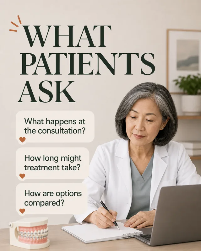 LinkedIn graphic reading “WHAT PATIENTS ASK” over a female doctor writing notes at a clinic desk with a laptop and dental model