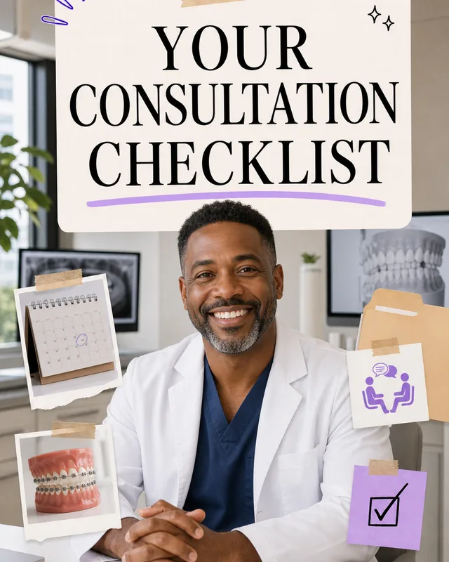 LinkedIn graphic reading “YOUR
CONSULTATION
CHECKLIST” over a smiling male dentist in a white coat and blue scrubs