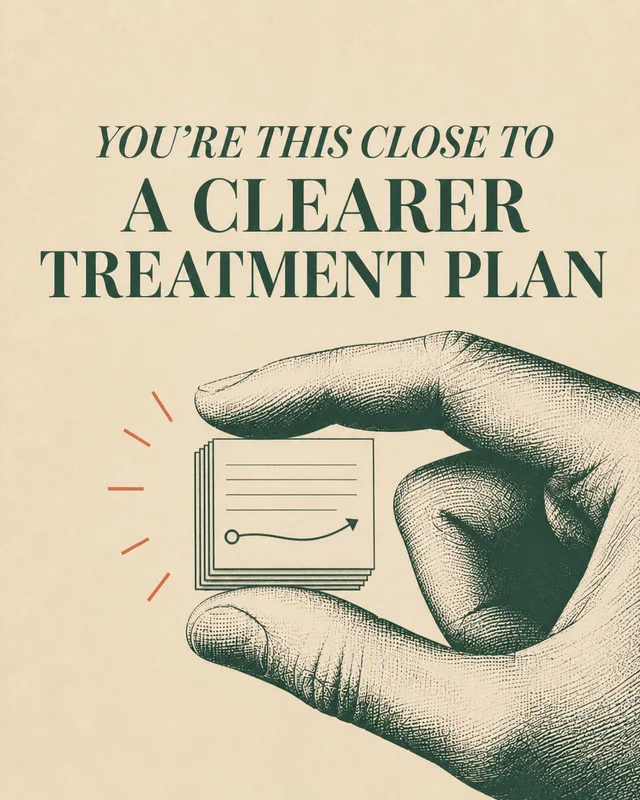 LinkedIn graphic reading “YOU'RE THIS CLOSE TO A CLEARER TREATMENT PLAN” over an engraved hand pinching a small stack of index cards with a line graph