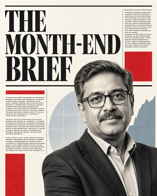 LinkedIn graphic reading “THE MONTH-END BRIEF” over a portrait of a man with glasses and a mustache in a business suit