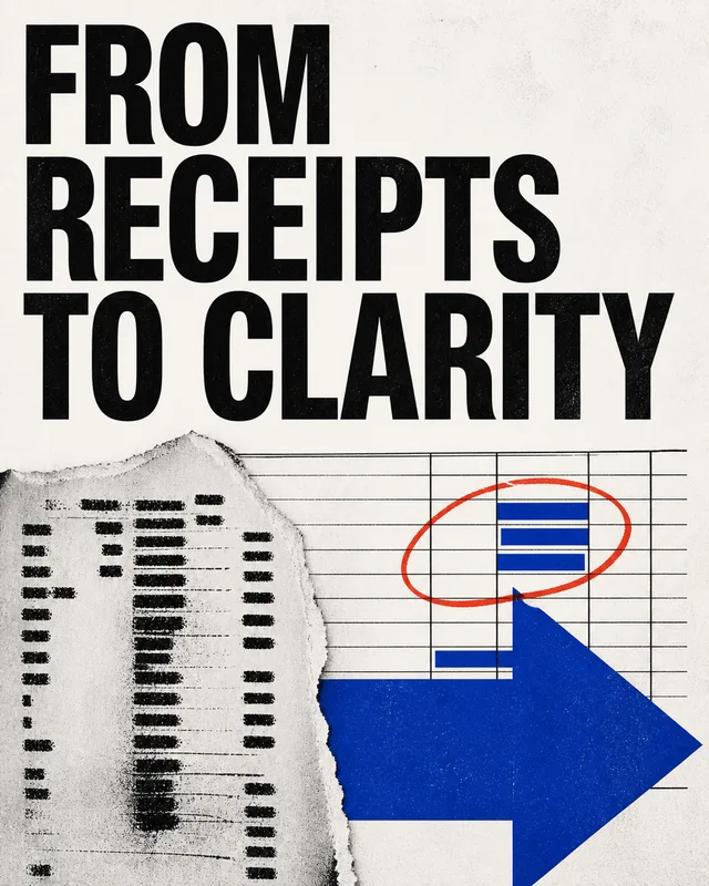 LinkedIn graphic reading “FROM
RECEIPTS
TO CLARITY” over a torn thermal receipt transitioning into a clean spreadsheet chart with a bold blue arrow