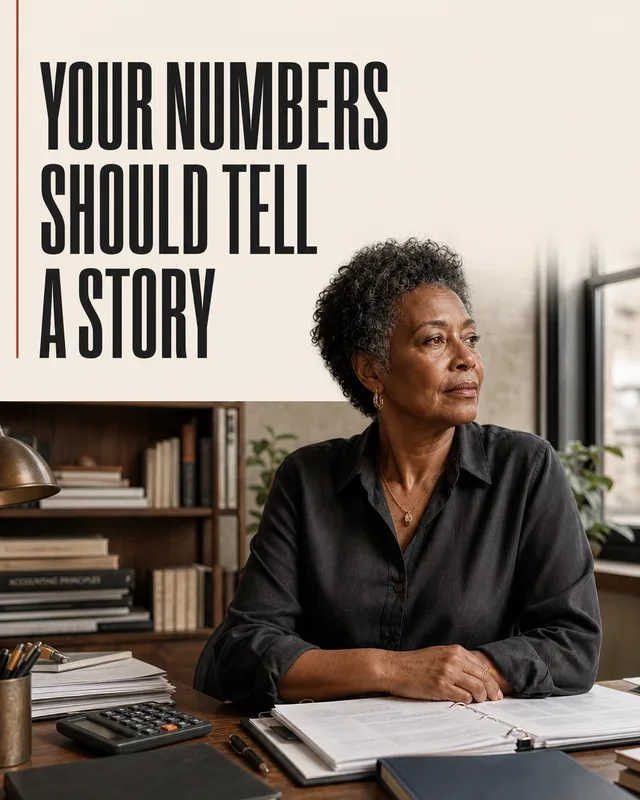 LinkedIn graphic reading “YOUR NUMBERS SHOULD TELL A STORY” over a businesswoman sitting at an office desk with accounting binders and a calculator