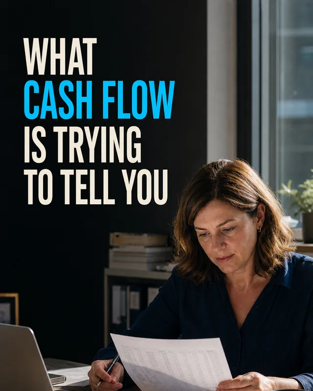 LinkedIn graphic reading “WHAT CASH FLOW IS TRYING TO TELL YOU” over a woman reviewing financial paperwork at a desk