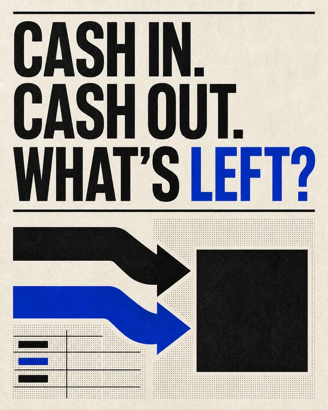 LinkedIn graphic reading “CASH IN. CASH OUT. WHAT’S LEFT?” over a minimalist flow diagram with blue and black arrows pointing into a solid black square