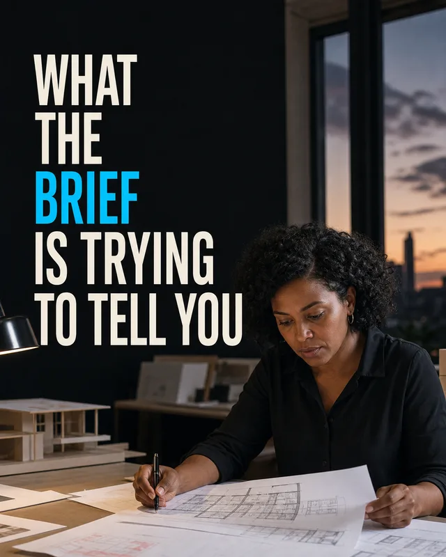 LinkedIn graphic reading “WHAT
THE
BRIEF
IS TRYING
TO TELL YOU” over a female architect reviewing blueprints at a desk late in the evening