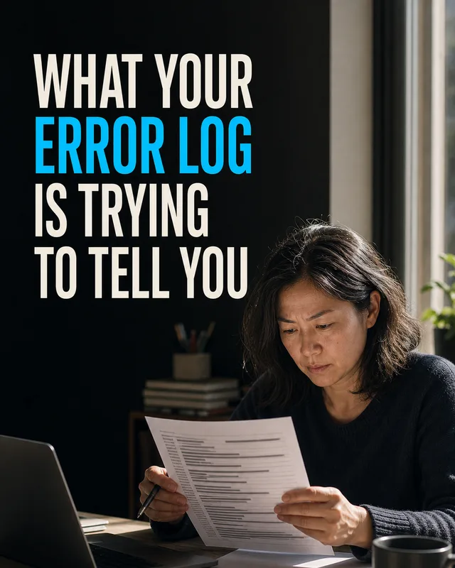 LinkedIn graphic reading “WHAT YOUR ERROR LOG IS TRYING TO TELL YOU” over a woman reviewing printed documents at a desk