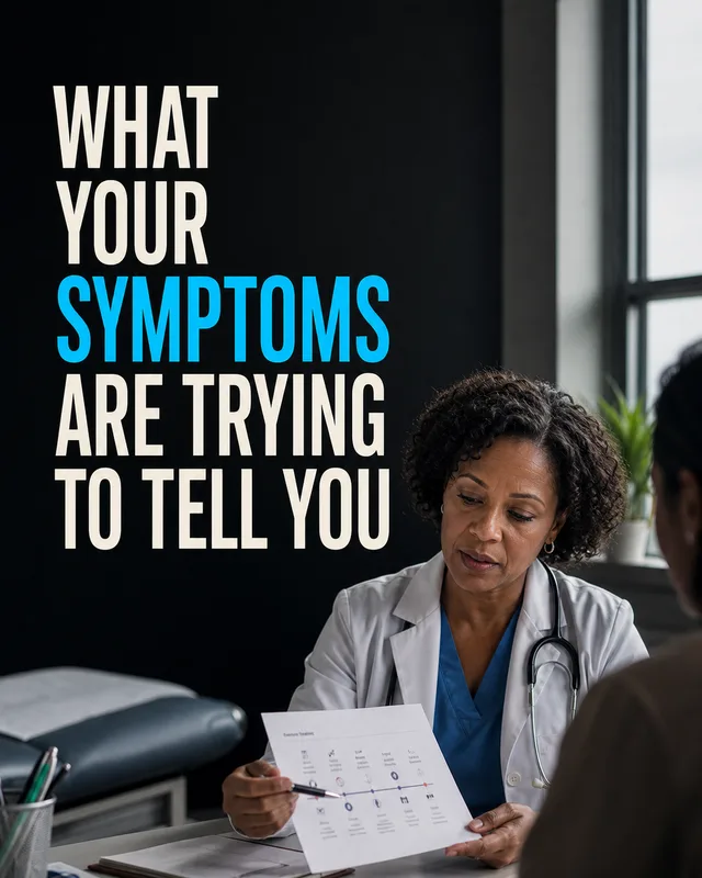 LinkedIn graphic reading “WHAT
YOUR
SYMPTOMS
ARE TRYING
TO TELL YOU” over a female doctor in a white coat discussing a chart with a patient