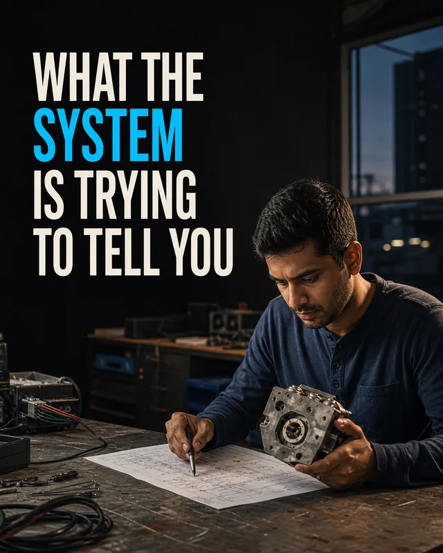 LinkedIn graphic reading “WHAT THE SYSTEM IS TRYING TO TELL YOU” over a man inspecting an engineering part over blueprints at a workbench