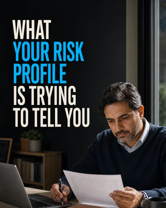 LinkedIn graphic reading “WHAT
YOUR RISK
PROFILE
IS TRYING
TO TELL YOU” over a man reviewing a document at a desk with a laptop