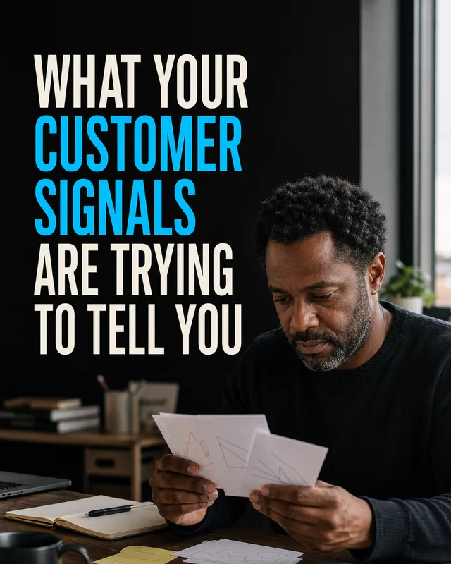 LinkedIn graphic reading “WHAT YOUR CUSTOMER SIGNALS ARE TRYING TO TELL YOU” over a thoughtful man at a desk reviewing paper cards