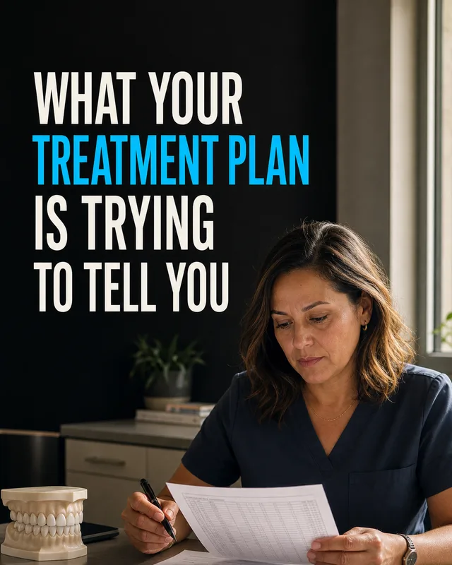 LinkedIn graphic reading “WHAT YOUR TREATMENT PLAN IS TRYING TO TELL YOU” over a female healthcare professional reviewing paperwork at a dental clinic desk
