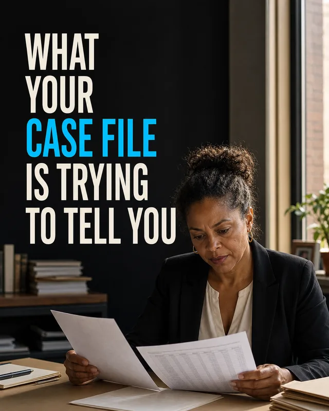 LinkedIn graphic reading “WHAT
YOUR
CASE FILE
IS TRYING
TO TELL YOU” over a woman in a black blazer reviewing paperwork at an office desk