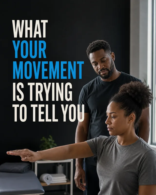 LinkedIn graphic reading “WHAT YOUR MOVEMENT IS TRYING TO TELL YOU” over a physical therapist assessing a female patient extending her arm
