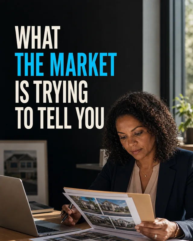 LinkedIn graphic reading “WHAT
THE MARKET
IS TRYING
TO TELL YOU” over a professional woman reviewing real estate property listings at a desk