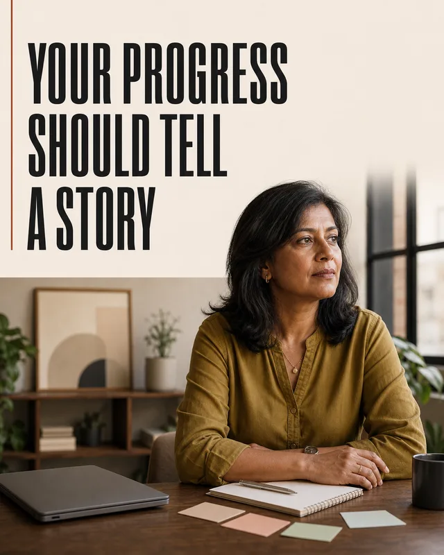 LinkedIn graphic reading “YOUR PROGRESS SHOULD TELL A STORY” over a woman sitting at a desk looking out a window