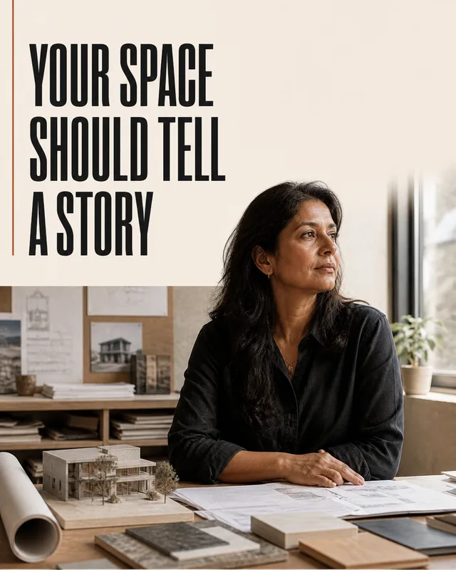 LinkedIn graphic reading “YOUR SPACE SHOULD TELL A STORY” over a female architect at a studio desk with blueprints and a scale model