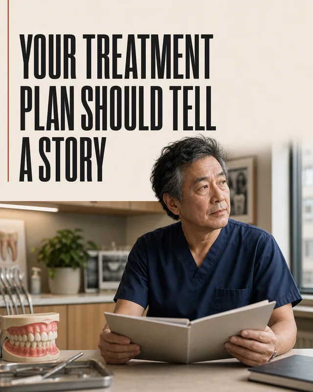 LinkedIn graphic reading “YOUR TREATMENT PLAN SHOULD TELL A STORY” over a mature male dentist in blue scrubs sitting at a desk with a folder and dental model