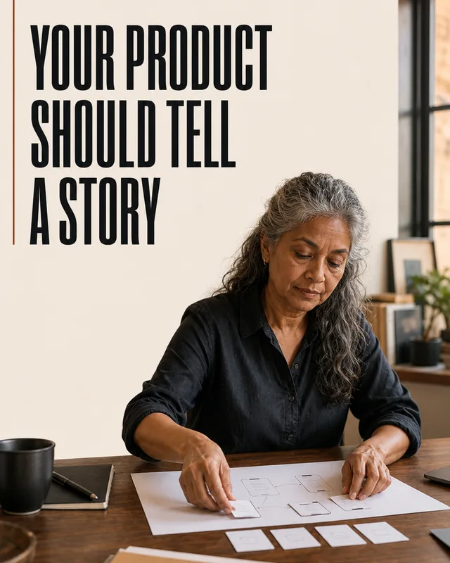 LinkedIn graphic reading “YOUR PRODUCT SHOULD TELL A STORY” over a woman reviewing paper wireframes at a wooden desk
