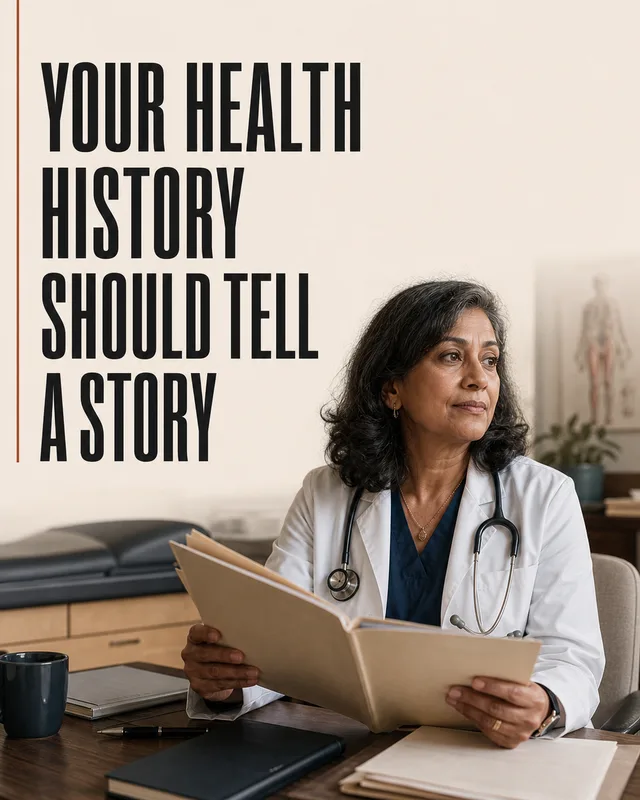 LinkedIn graphic reading “YOUR HEALTH HISTORY SHOULD TELL A STORY” over a female doctor in a white coat holding an open folder at her desk