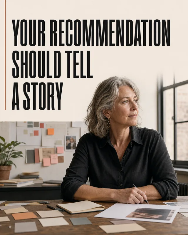LinkedIn graphic reading “YOUR RECOMMENDATION SHOULD TELL A STORY” over a mature woman sitting at a creative studio desk with color swatches