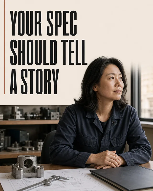 LinkedIn graphic reading “YOUR SPEC
SHOULD TELL
A STORY” over a woman engineer sitting at a workshop desk with blueprints and metal parts