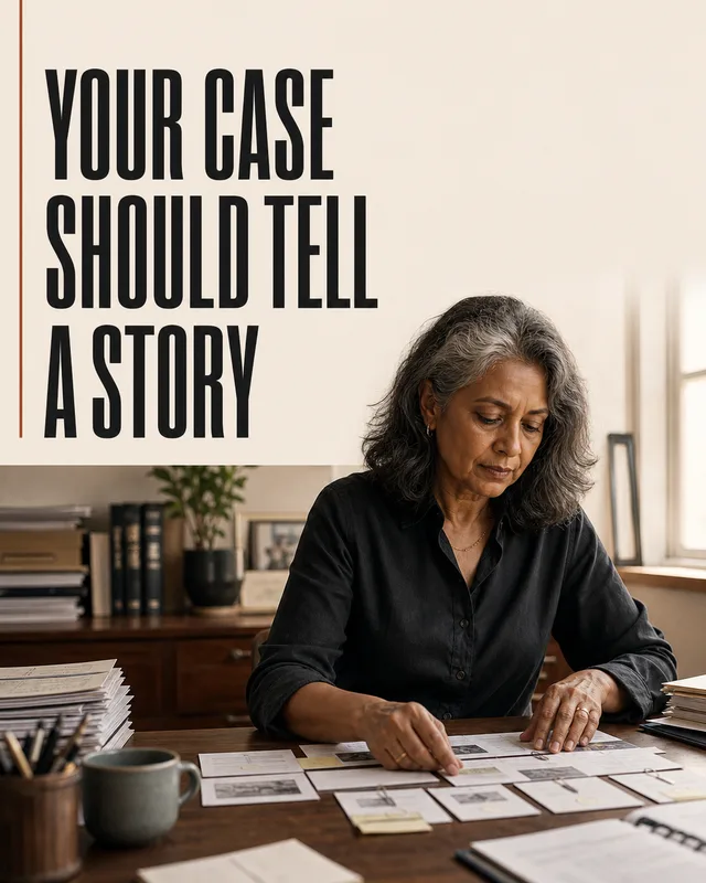 LinkedIn graphic reading “YOUR CASE SHOULD TELL A STORY” over a mature woman with grey hair organizing cards and papers at a wooden desk