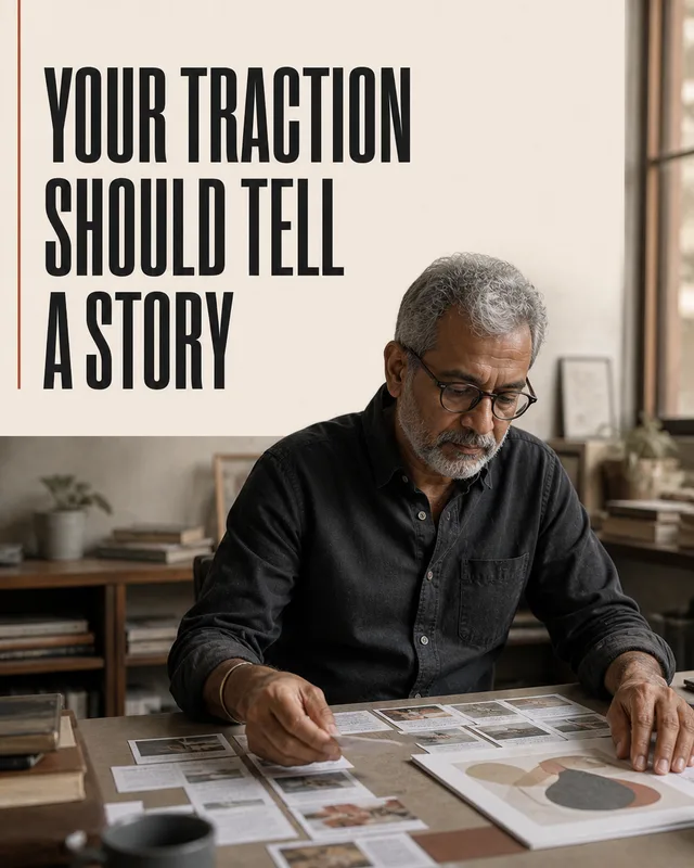 LinkedIn graphic reading “YOUR TRACTION SHOULD TELL A STORY” over a mature man with glasses and gray beard reviewing cards at a desk