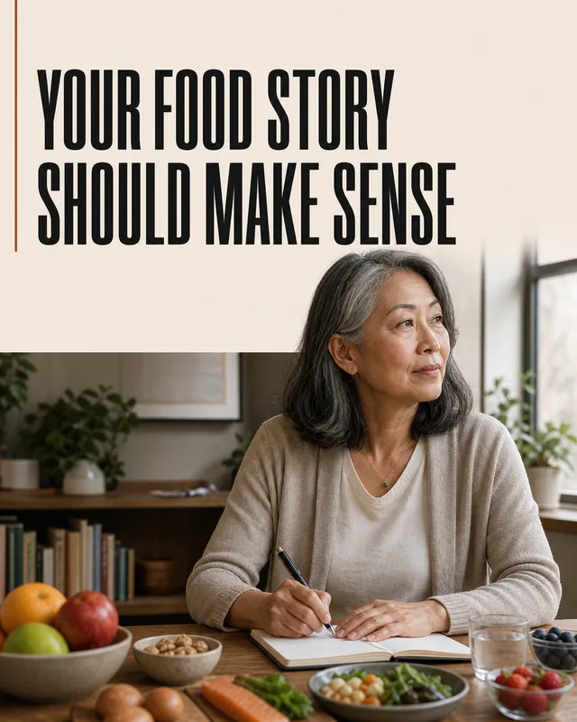 LinkedIn graphic reading “YOUR FOOD STORY SHOULD MAKE SENSE” over a mature woman writing in a notebook at a table with healthy food