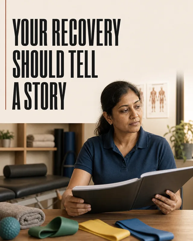 LinkedIn graphic reading “YOUR RECOVERY SHOULD TELL A STORY” over a female physical therapist reviewing a patient file at a desk