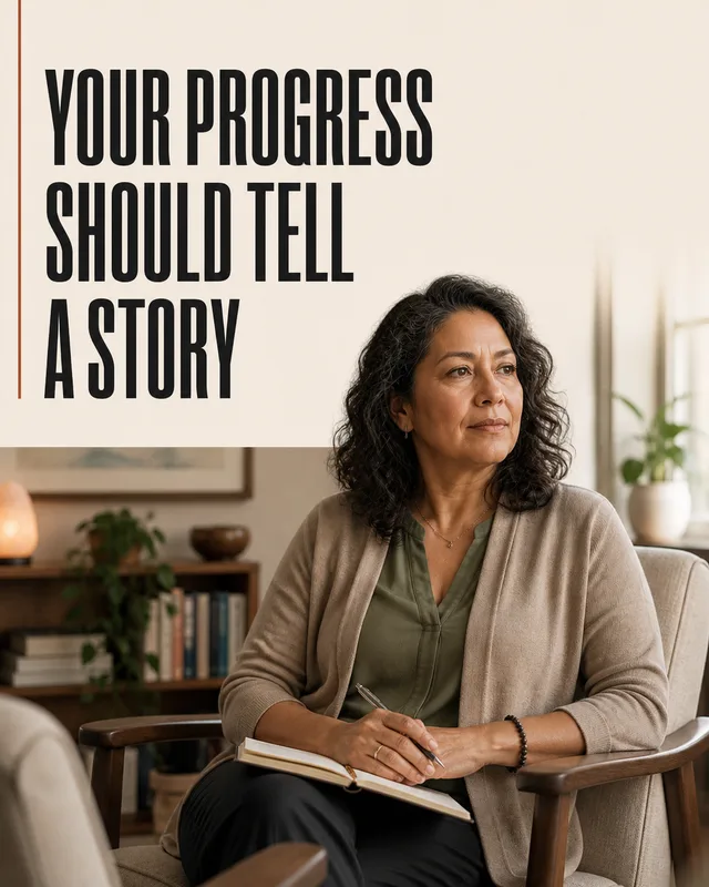 LinkedIn graphic reading “YOUR PROGRESS
SHOULD TELL
A STORY” over a woman in an armchair holding a notebook and pen in a warm office