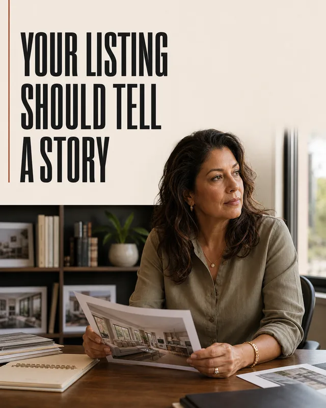 LinkedIn graphic reading “YOUR LISTING
SHOULD TELL
A STORY” over a woman at a desk reviewing printed interior photos