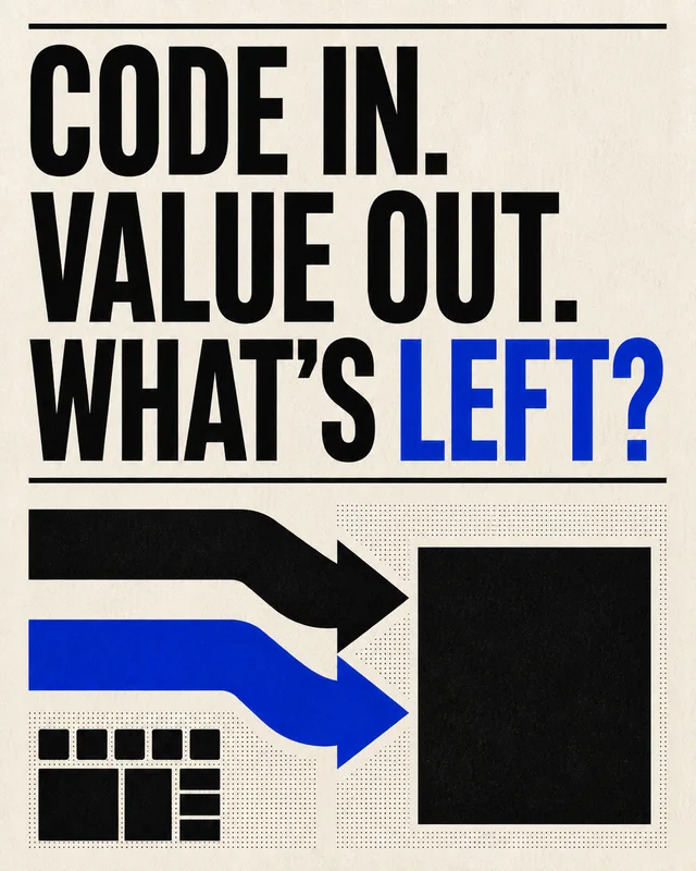 LinkedIn graphic reading “CODE IN.
VALUE OUT.
WHAT’S LEFT?” over an abstract process diagram with curved black and blue arrows pointing into a black box