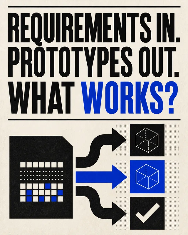 LinkedIn graphic reading “REQUIREMENTS IN. PROTOTYPES OUT. WHAT WORKS?” over a workflow diagram showing an input document branching into wireframe cubes and a checkmark