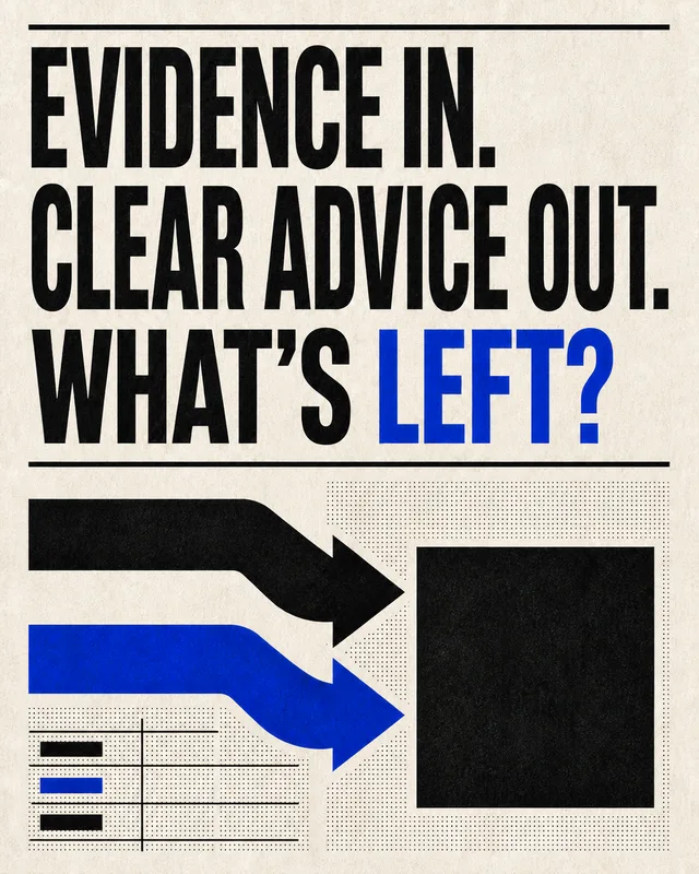 LinkedIn graphic reading “EVIDENCE IN.
CLEAR ADVICE OUT.
WHAT'S LEFT?” over a technical schematic diagram with black and blue arrows pointing into a black square box
