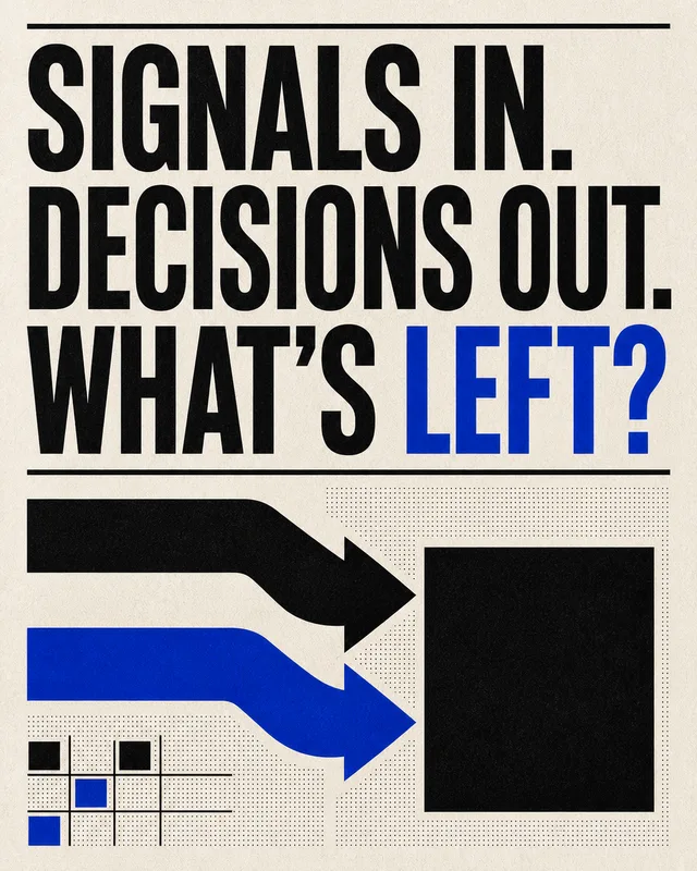 LinkedIn graphic reading “SIGNALS IN.
DECISIONS OUT.
WHAT’S LEFT?” over a graphic diagram with two arrows entering a solid black box