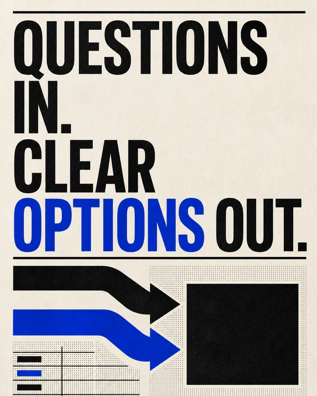 LinkedIn graphic reading “QUESTIONS IN. CLEAR OPTIONS OUT.” over a technical diagram with curved black and blue directional arrows entering a square