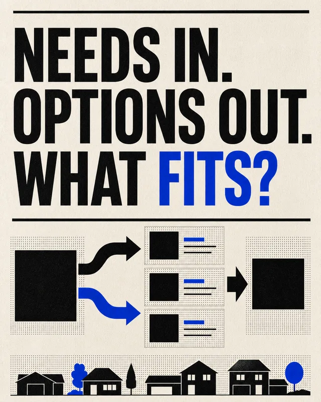 LinkedIn graphic reading “NEEDS IN. OPTIONS OUT. WHAT FITS?” over a technical process diagram with branching arrows and a silhouette row of houses
