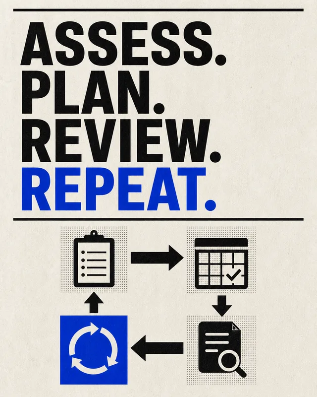 LinkedIn graphic reading “ASSESS. PLAN. REVIEW. REPEAT.” over a four-step cyclical workflow diagram with black and blue icons