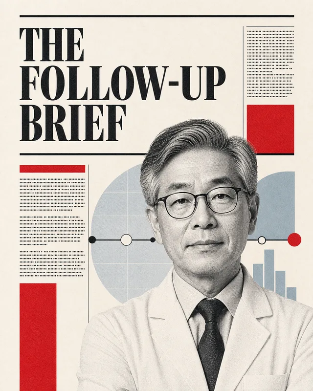 LinkedIn graphic reading “THE FOLLOW-UP BRIEF” over an engraved portrait of an Asian male doctor or researcher wearing glasses and a lab coat