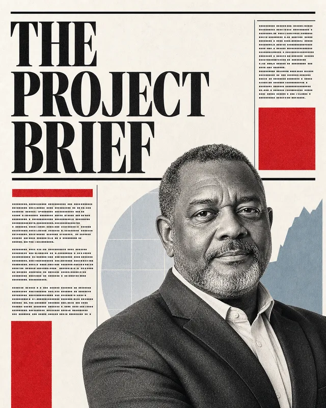 LinkedIn graphic reading “THE PROJECT BRIEF” over an engraved portrait of a businessman in a suit