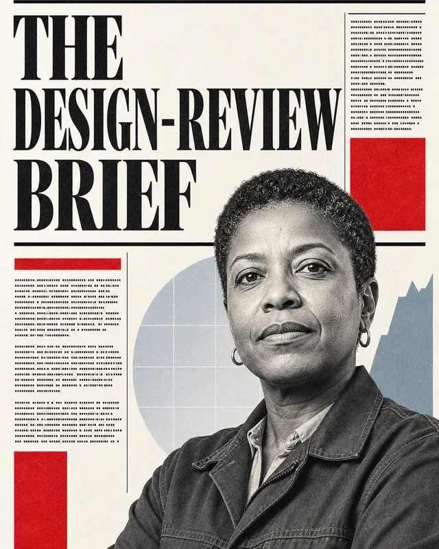 LinkedIn graphic reading “THE DESIGN-REVIEW BRIEF” over a middle-aged Black woman in a denim jacket looking forward