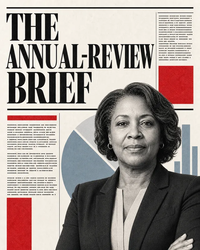 LinkedIn graphic reading “THE ANNUAL-REVIEW BRIEF” over a mature businesswoman in a dark blazer with arms crossed