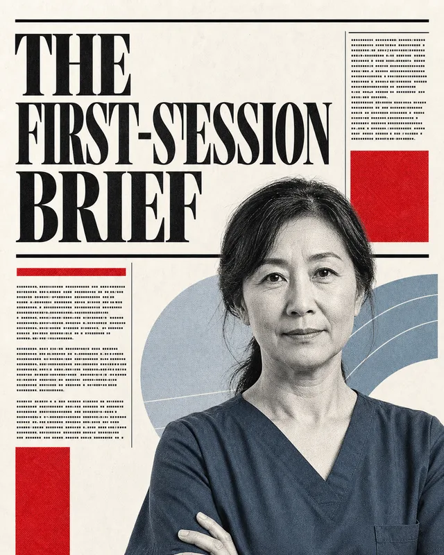LinkedIn graphic reading “THE FIRST-SESSION BRIEF” over a middle-aged East Asian woman in blue medical scrubs with arms crossed