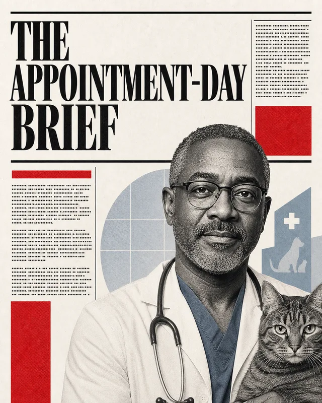 LinkedIn graphic reading “THE
APPOINTMENT-DAY
BRIEF” over a veterinarian with glasses and stethoscope holding a tabby cat