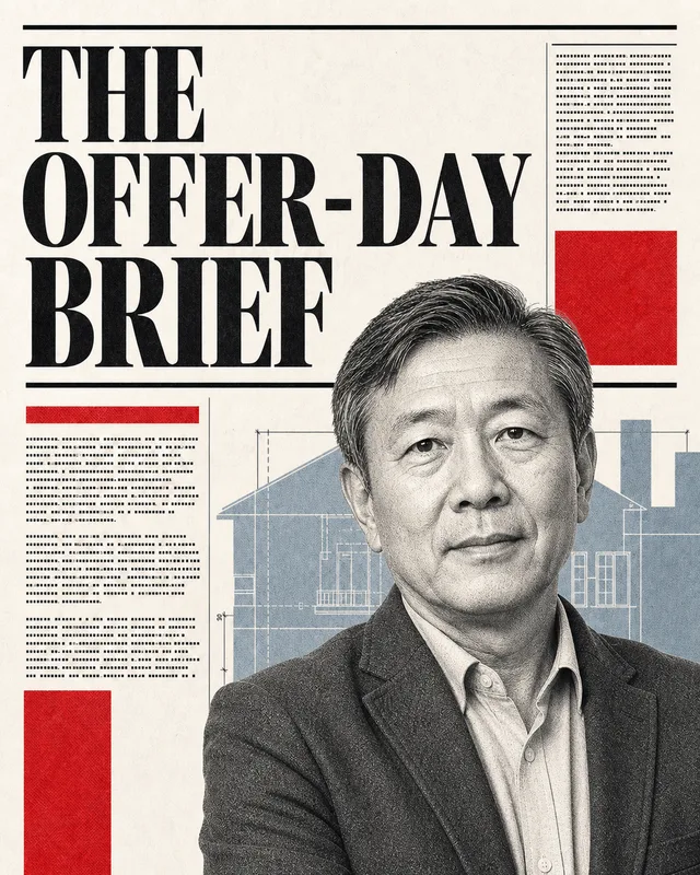 LinkedIn graphic reading “THE OFFER-DAY BRIEF” over a middle-aged Asian man in a blazer in front of an architectural blueprint