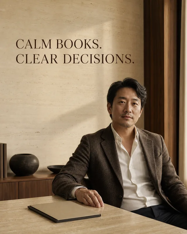 LinkedIn graphic reading “CALM BOOKS.
CLEAR DECISIONS.” over a man in a brown blazer sitting at a marble desk